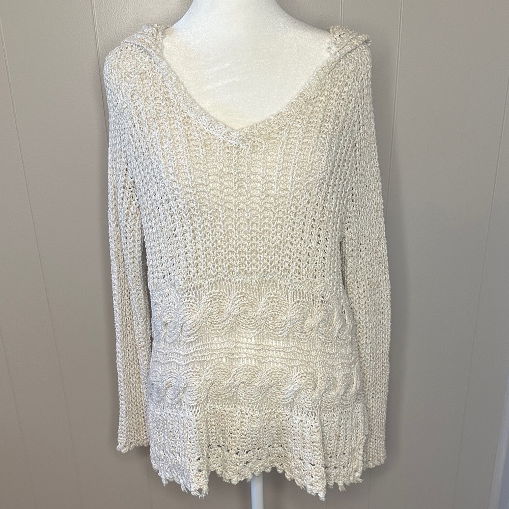 Free People Cream V-Neck Crochet Hoodie Knit Sweater